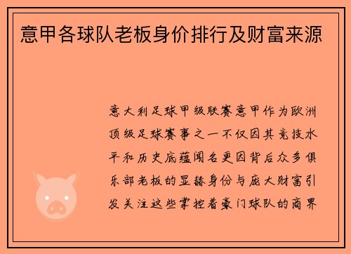 意甲各球队老板身价排行及财富来源